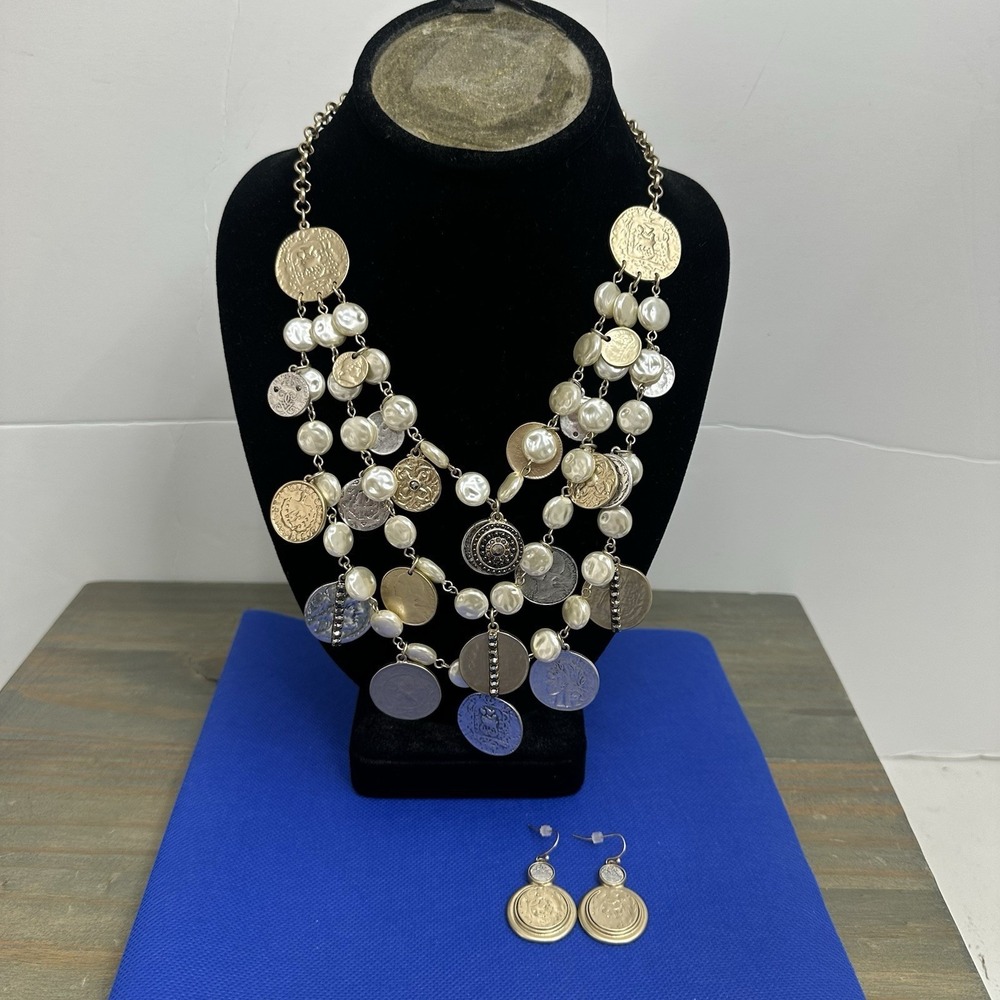 Vintage Set Necklace & Earrings Chico's Silver Gold Pearls Coin Charms 3 Strand - Picture 2 of 15